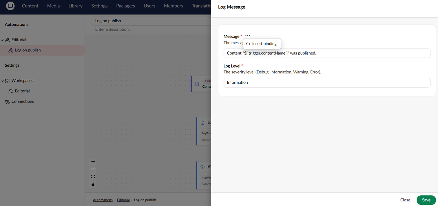 The binding picker showing trigger and step output options.