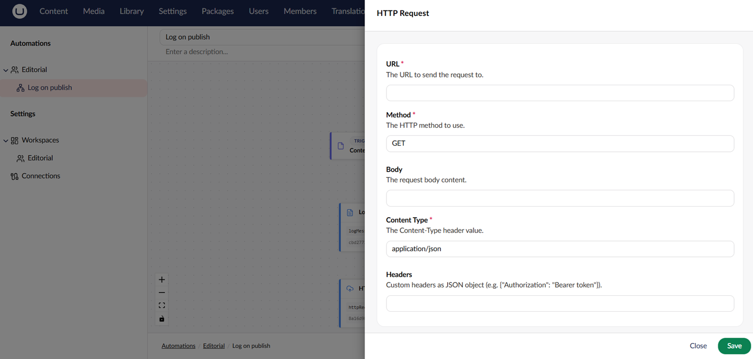 The settings panel for the HTTP Request action.