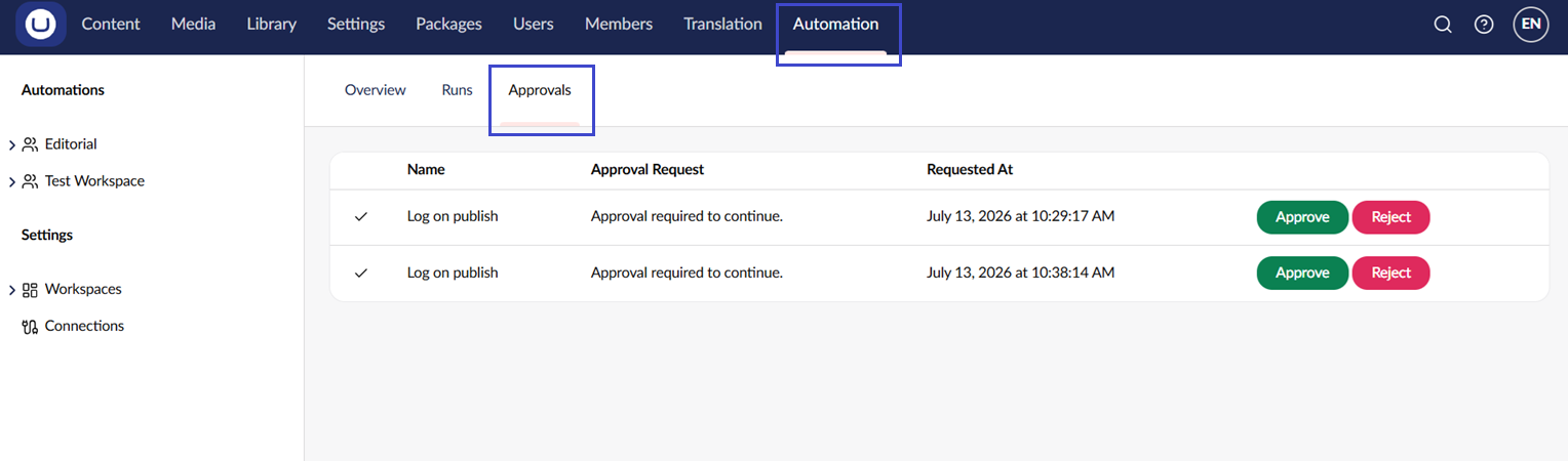 Approvals dashboard