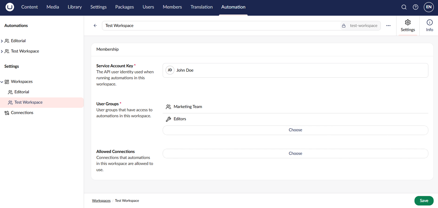 The workspace Settings tab with the service account, user groups, and allowed connections fields.