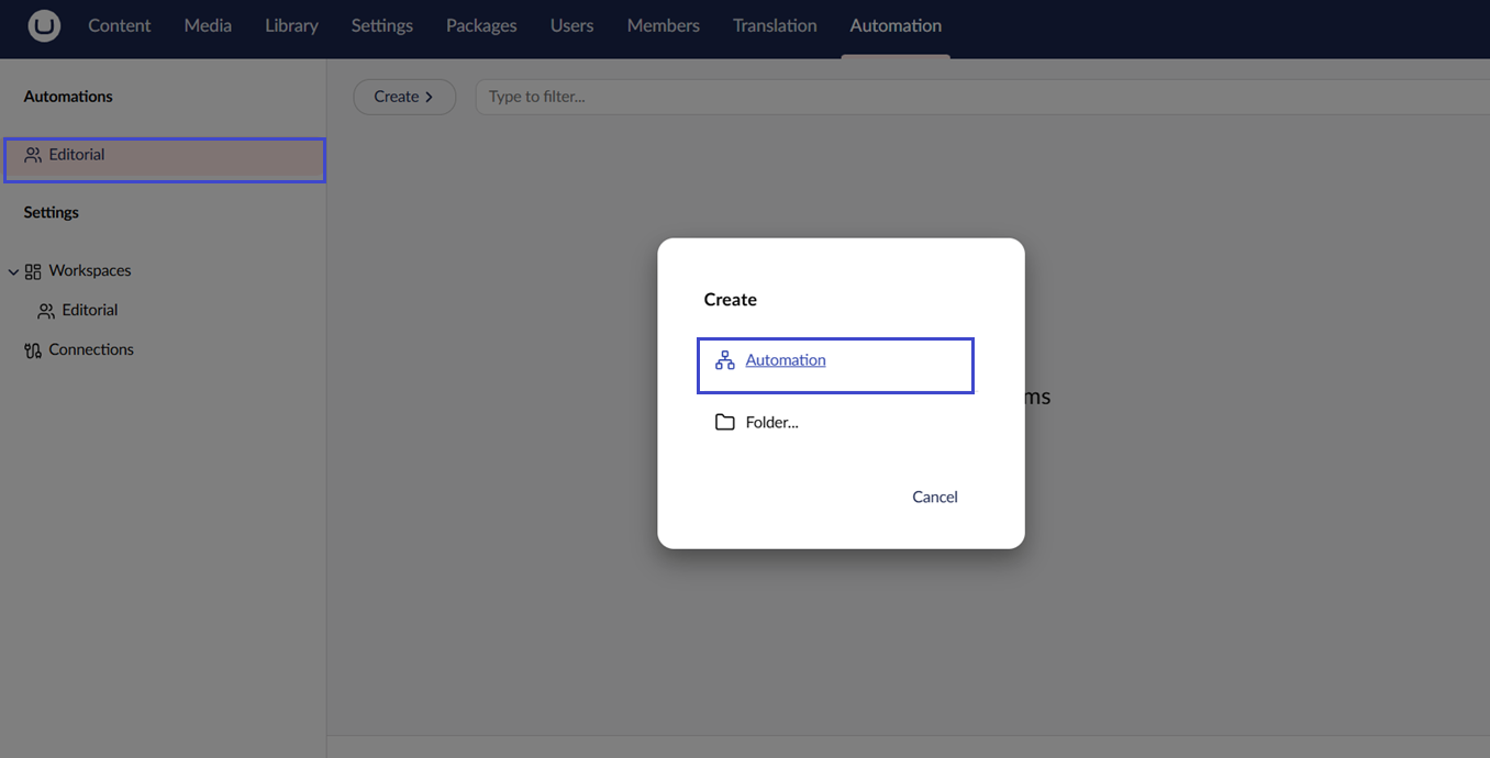 The create automation modal with a name field.