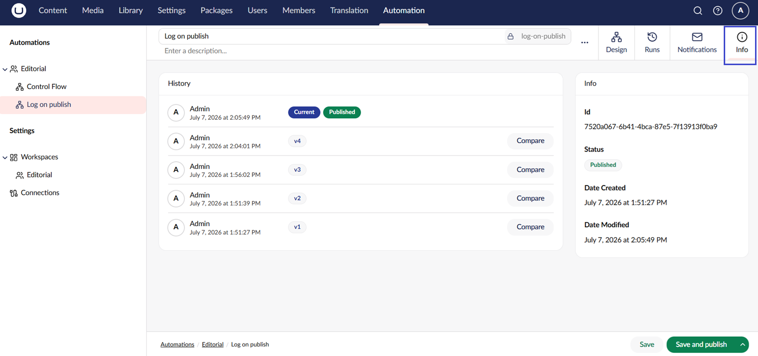 The version history list on the Info tab of an automation.