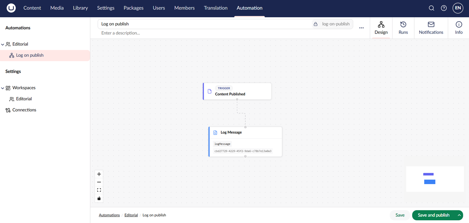 The automation canvas on the Design tab with a trigger and connected steps.