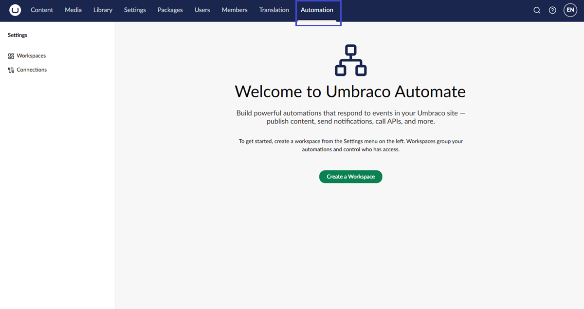 The Automation section in the Umbraco backoffice main navigation.
